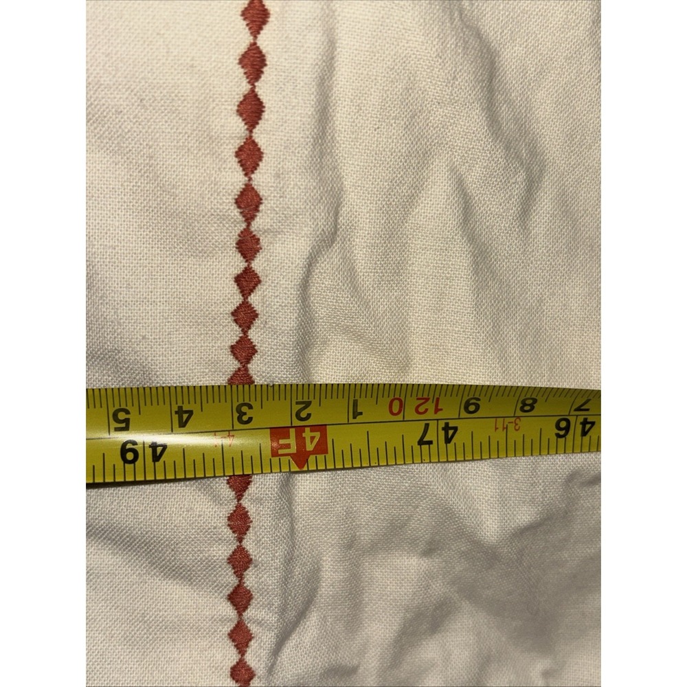 Vintage Tablecloth 82x50 Ivory Cotton Red Stitch Border Primitive Farmhouse